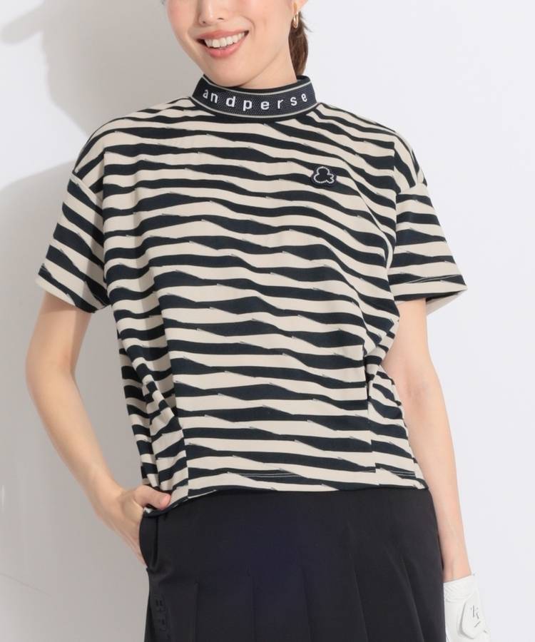 AP 【抗菌防臭UV】リップルボーダーモックネック半袖カットソー