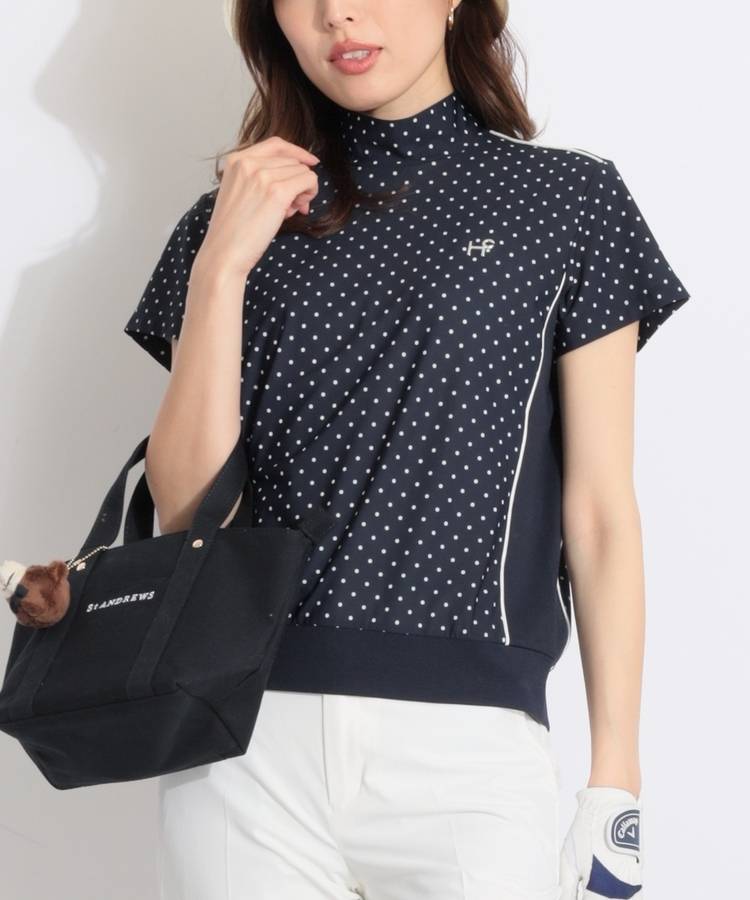 HK 【接触冷感UV】サイド切替ドットプリント半袖カットソー