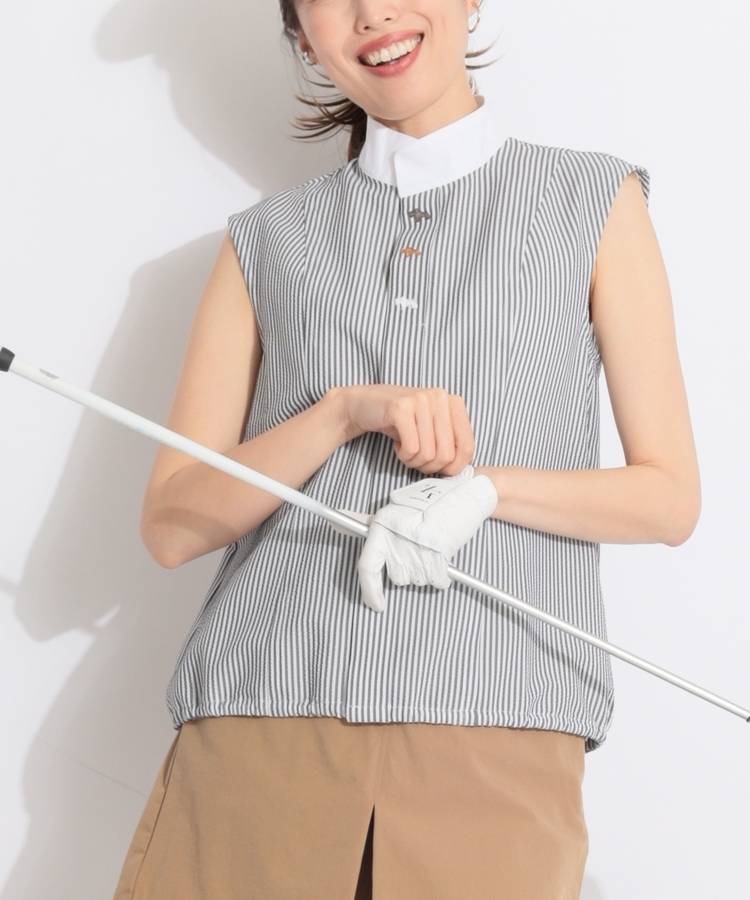 HK スタンドネックサッカーストライプノースリーブポロシャツ