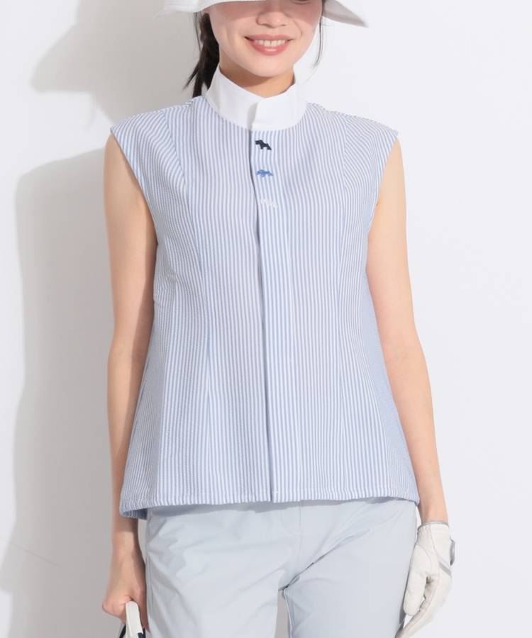 HK スタンドネックサッカーストライプノースリーブポロシャツ