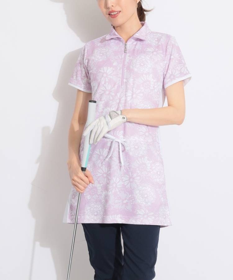 MC 【接触冷感】フラワー柄ハーフジップ半袖チュニック