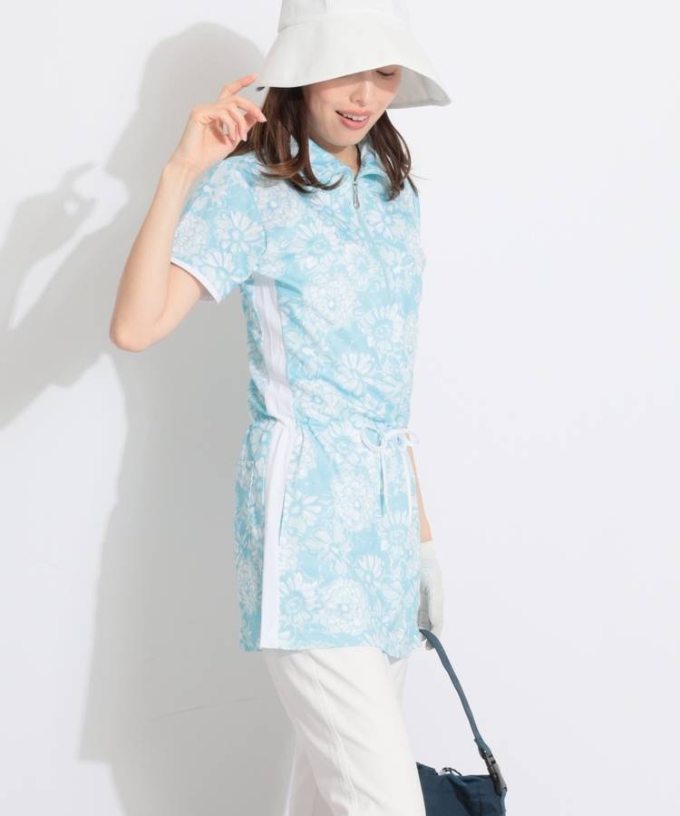 MC 【接触冷感】フラワー柄ハーフジップ半袖チュニック