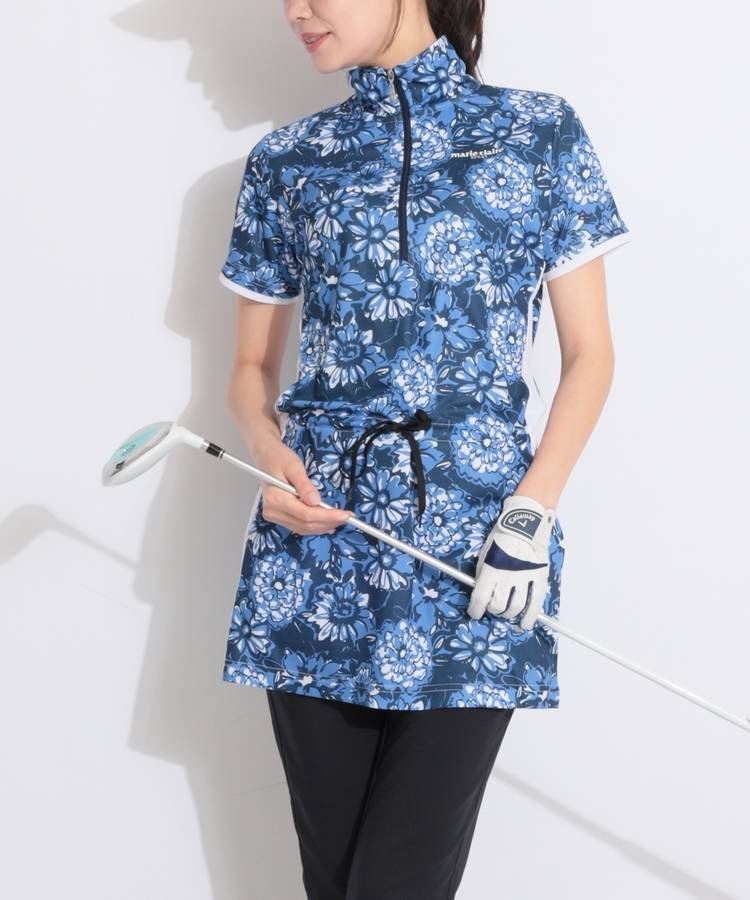 MC 【接触冷感】フラワー柄ハーフジップ半袖チュニック