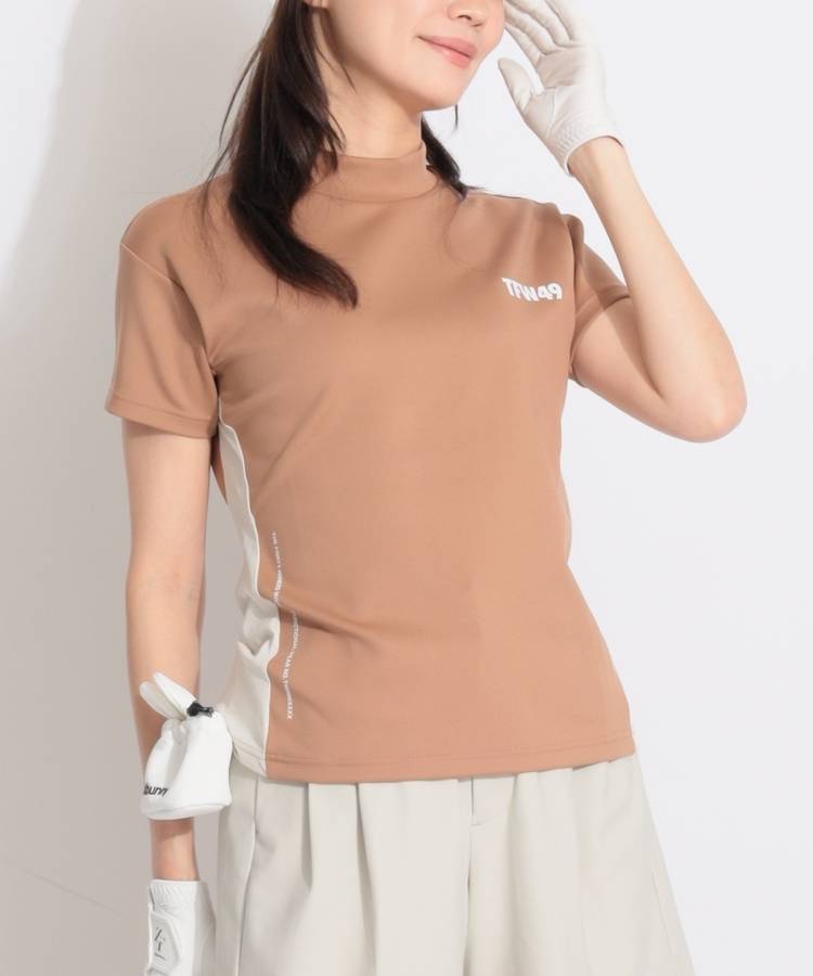 TF 【ストレッチ】バイカラー切替モックネック半袖カットソー