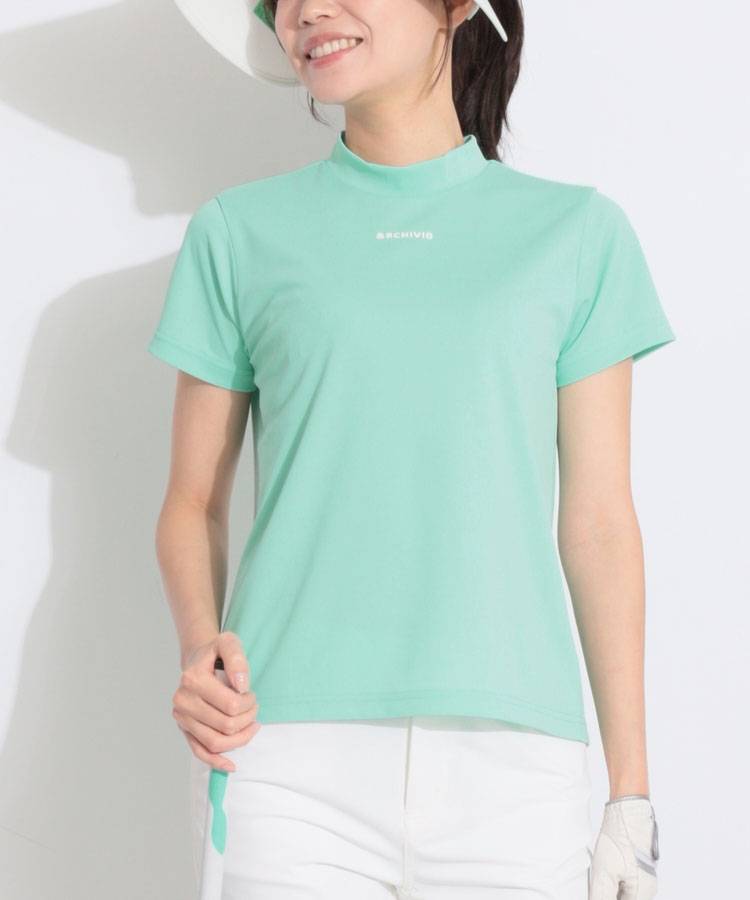 AR 【UV】バイカラーラインバックスリットモックネック半袖カットソー