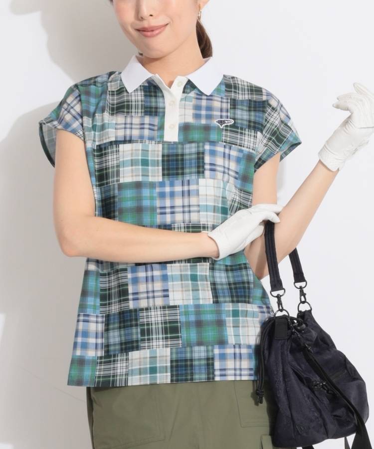 BE 【ストレッチ】マドラスチェック柄フレンチスリーブポロシャツ