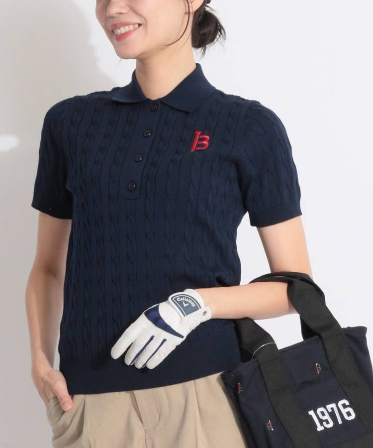 BE Bロゴケーブル編みニット半袖ポロシャツ