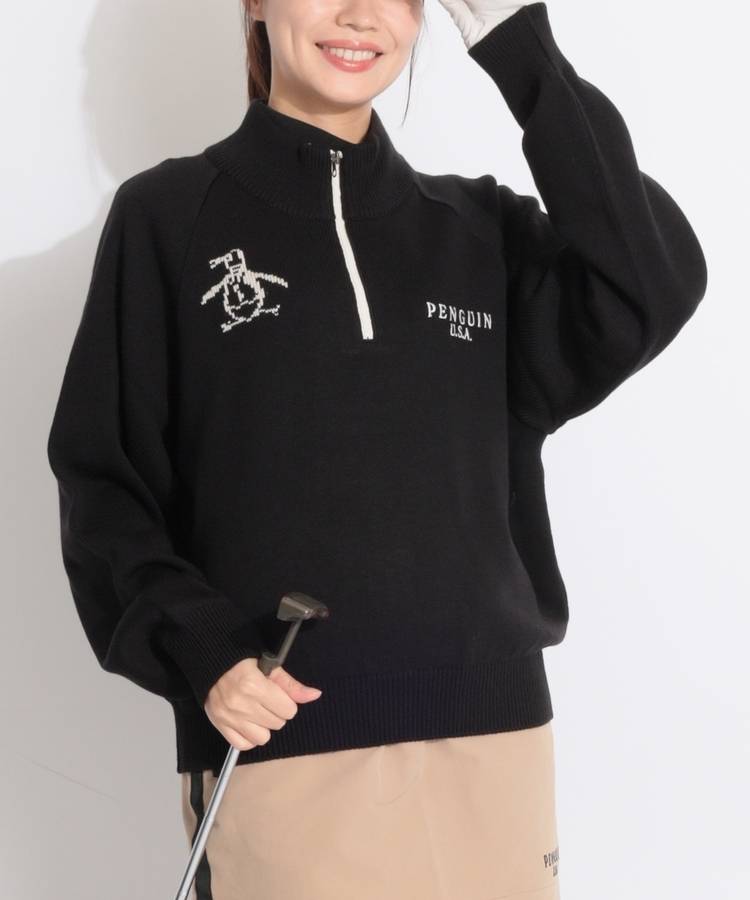 PM バックロゴハーフジップニットプルオーバー