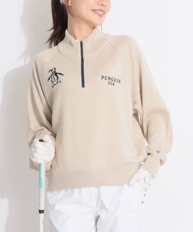 PM バックロゴハーフジップニットプルオーバー
