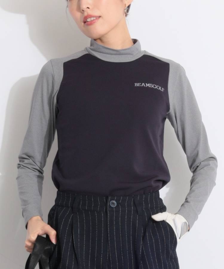 BE 【ストレッチ】異素材切替モックネック長袖カットソー