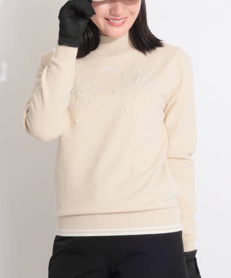 CA リブライン切替フラワーパールハイネックニット