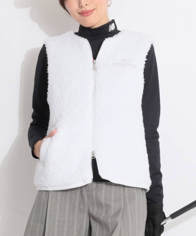 NB バックロゴ刺繍ノーカラーボアベスト