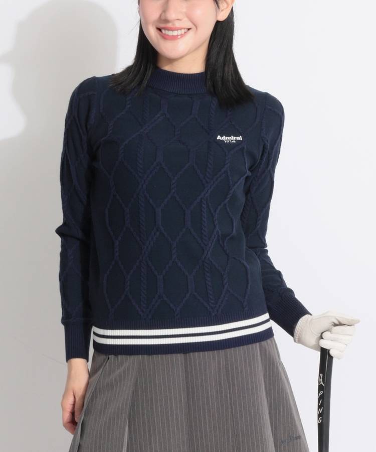 AM 【保温】立体ケーブル編みボトルネックニット