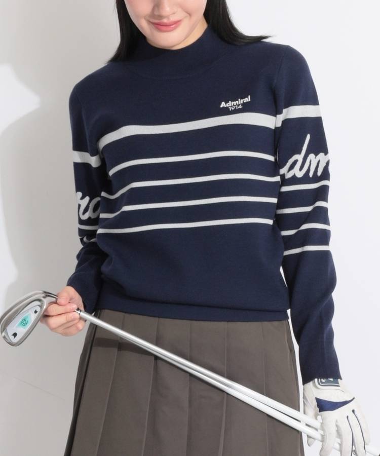 AM 【保温】スリーブロゴボーダー切替ハイネックニット
