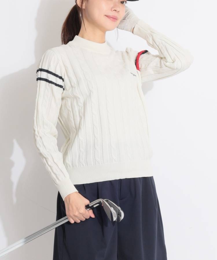 TH 【撥水】バックロゴ刺繍スリーブラインケーブル編みニット