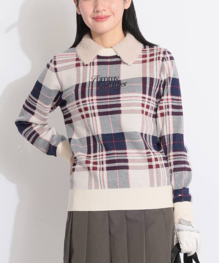 TH タータンチェック柄ジャガード衿付きニット