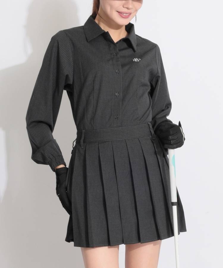 RI ピンストライプ柄プリーツ切替シャツワンピース