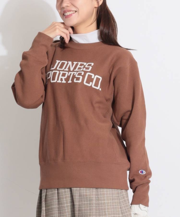BE 【JONES×Champion】ロゴプリント裏起毛スウェットプルオーバー
