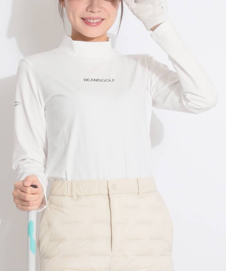 BE 【ストレッチ】バックプリント裏微起毛モックネック長袖カットソー