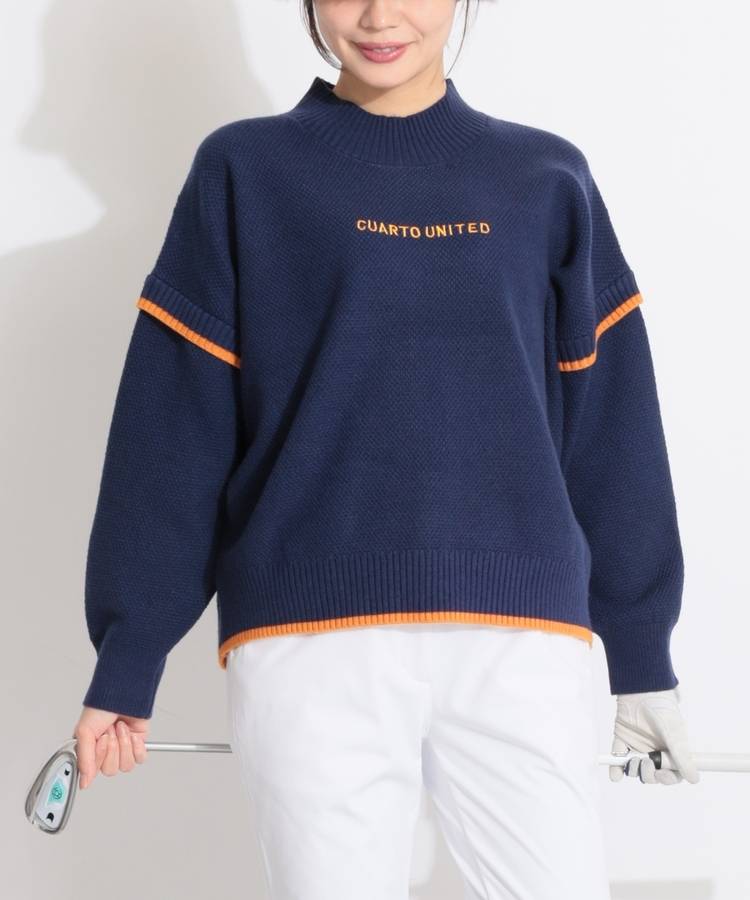 CU 【吸湿発熱】バイカラーラインスリーブ切替ハイネックニット
