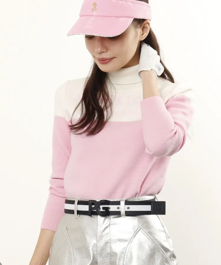美品 ☆ MARK&LONA 春 ニット マーク&ロナ セーター マーク&ロナ ML 【ワゴンセール】バイカラー切替タートルネック